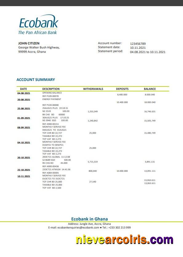 Ghana Ecobank bank statement, Word and PDF format